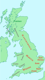Map of Britain around 800 AD showing the kingdom of Sussex