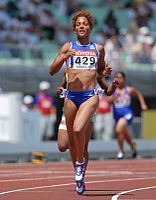 Christine Arron, 1998 Europameisterin und Gewinnerin zahlreicher olympischer und WM-Medaillen wurde Achte in diesem Finale