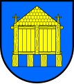 Das Wappen von Husby mit dem Holzhaus