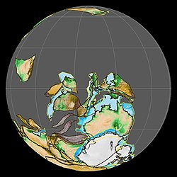 Карта континентов в начале девона (400 млн лет назад)