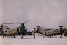 H-21 Shawnees of the 8th Transportation Company, Ft Bragg, 1956. The company had 24 helicopters, 48 officers and warrant officers, and 246 enlisted men. H-21 Shawnees Fort Bragg 1956.png