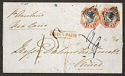 The two cut-to-shape Inverted Head 4 Annas, on the cover. The Tapling Collection. India fouranna blueandred inverted1854.jpg