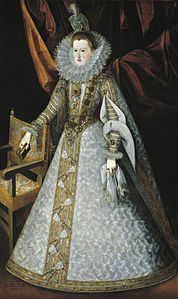 Portret van Margaretha van Oostenrijk (1606) Juan Pantoja de la Cruz Museo Nacional del Prado Pantoja de la Cruz schilderde haar levensgroot. Het doek meet 207 bij 122 cm. Zij draagt grote sieraden. Op haar borst prijkt de diamant genaamd El estanque (De vijver) en daaronder een grote parel, La Peregrina (De pelgrim).[3] Haar rok staat in een wijde vorm, veroorzaakt door de eronder gedragen fardegalijn.