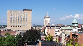 Downtown Lancaster, dominated by the new Lancaster County Convention Center and Marriott Hotel, as well as the W. W. Griest Building and the Lancaster County Court House.