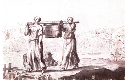 Kvinnor som bär latrintunna i Stockholm på 1600-talet