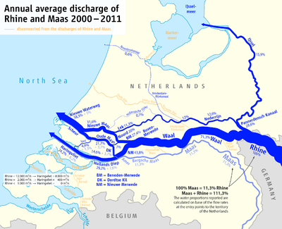 Map of river discharge in the Netherlands; the majority flows through the Grote rivieren Map of the annual average discharge of Rhine and Maas 2000-2011 (EN).png