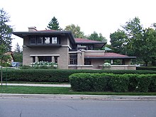 The Meyer May House in Grand Rapids, Michigan. Built between 1908 and 1909, this Frank Lloyd Wright-designed home is considered "Michigan's Prairie masterpiece." Meyer May House, west side, 2009.JPG