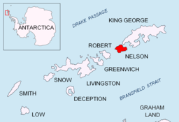 Plasseringa til Nelson Island i Sør-Shetlandsøyane.