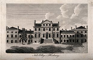 New College [Hackney House], Hackney: a large building in the Palladian style, with a bust in a niche above the entrance.