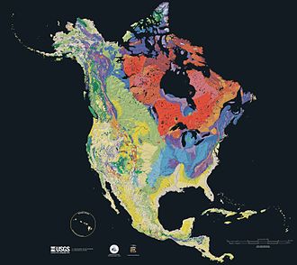 Age of the bedrock underlying North America, from red (oldest) to blue, green, yellow (newest). North america terrain 2003 map.jpg