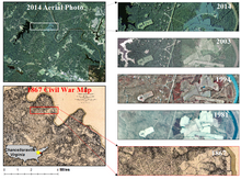 A US civil war hachure paper map made in 1867 by Cartographer Nathaniel Michler vs. modern aerial photos over Chancellorsville, Virginia Old paper map vs modern aerial photo.png