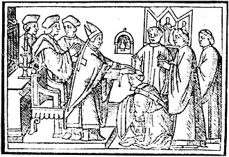 Ordination of a Catholic deacon, 1520 AD: the bishop bestows vestments. Ordination of a deacon 1520.jpg