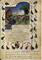 Decoració de marges amb flocs blaus i negres, emblema de Louis de Luxembourg-Saint-Pol a qui és dedicat el manuscrit del Pas d'armes de la pastora de Tarascó, BNF, Fr1974, f.1.