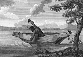 A colonial-era engraving of Pemulwuy, a Bidjigal carradhy or cleverman, spearfishing from his canoe.