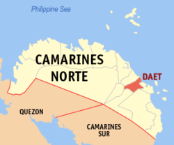 Mapa ng Camarines Norte na nagpapakita sa lokasyon ng Daet.