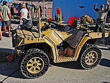 The straddled Sportsman MV850 is Polaris' smallest military vehicle, and has a 850 lb payload. Polaris WV850 H.O. ATV (17763784390).jpg