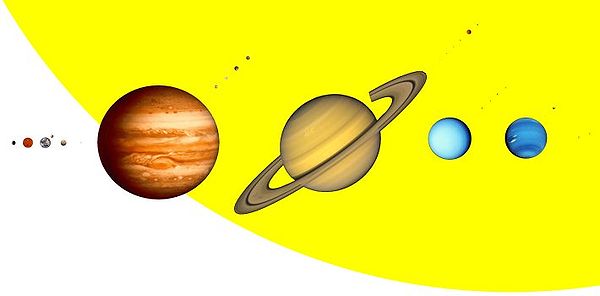 Les planètes du système solaire, accompagnées de leurs principaux satellites, devant le limbe du Soleil