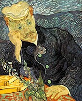 Ölgemälde von einem nachdenklichen Mann, der seinen Kopf auf seinen rechten Arm abstützt und an einem Tisch sitzt. Auf dem Tisch sind zwei Bücher und eine Vase mit Blumen. Er trägt einen hellen Hut und einen dunklen Anzug mit kurzen Pinselstrichen, die mit dem blauen Hintergrund synchronisieren.