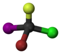 Ball and stick model of bromochlorofluoroiodomethane (R)