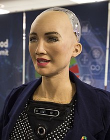 Sophia, a robot known for human-like appearance and interactions Sophia at the AI for Good Global Summit 2018 (27254369347) (cropped).jpg