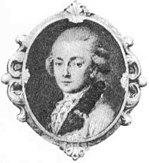 Black and white face of a young man with a powdered wig.