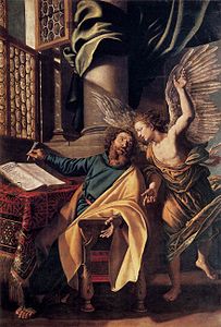 Vincenzo Campi, Ο άγιος Ματθαίος και ο Άγγελος, 1588, λάδι σε καμβά, 268 x 180 cm, San Francesco d'Assisi