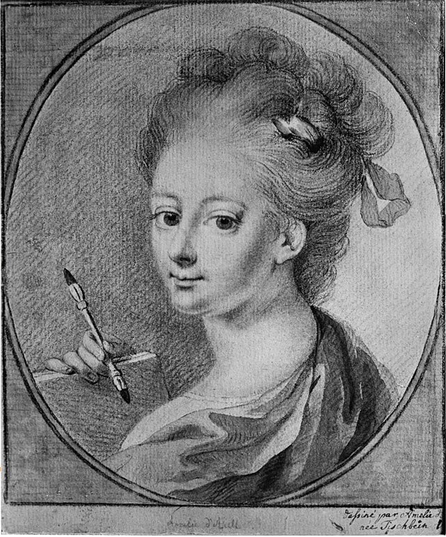 Selbstporträt Amalie Tischbein, Schwarzweiß-Abbildung eines Rötel- und Aquarell-Gemäldes, 1781