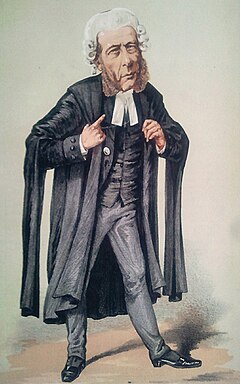 Caricature of Serjeant William Ballantine SL wearing court dress. The extremely small skullcap on the very top of the wig is a vestigal coif, worn only by serjeants-at-law. Caption reads "He resisted the temptation to cross-examine a Prince of the blood"; Vanity Fair, 5 March 1870 William Ballantine Vanity Fair 5 March 1870 (crop).jpg