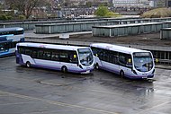 The first two production fully hybrid-electric Wright StreetLite Maxes at First South Yorkshire's Olive Grove depot prior to entry into service in April 2018 – note the additional front grille