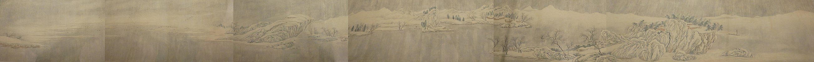 16e-eeuwse kopie op handrol van Opklaring na een sneeuwbui langs de rivier, gewassen inkt en kleur op papier, collectie Honolulu Museum of Art.[5] Het origineel wordt aan Wang Wei toegeschreven.