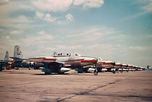 F-84Gs of the 77th Tactical Fighter Squadron/20th Tactical Fighter Wing at RAF Wethersfeld, UK - Early 1950s 77th Fighter Squadron F-84Gs RAF Wethersfield.jpg