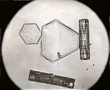 Wilson Bentley micrograph showing two classes of snowflake, plate and column. Missing is an example of a needle. Bentley snowflake micrograph no. 777.jpg