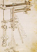 Grua mòbil amb dispositiu per a la col·locació de càrregues. Bonaccorso Ghiberti, Vista de la grua de Brunelleschi. 1366-1368, Biblioteca Nacional Central de Florència, B.R. 228, c. 106r.