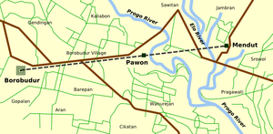 Location of Borobudur-Pawon-Mendut in one straight line.