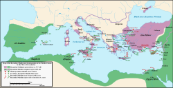 Map of the main Byzantine-Muslim naval operations and battles in the Mediterranean, 7th to 11th centuries Byzantine-Arab naval struggle.svg