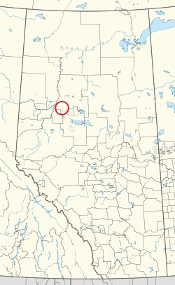 A map of the province of Alberta showing 80 counties and 145 small Indian reserves. One is highlighted with a red circle.