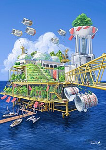 An image of a former oil platform at sea, repurposed as a greenhouse and powered by wind turbines. It's a representation of solarpunk values, repurposing infrastructure and getting rid of fossil fuels