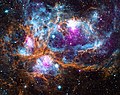 Image 4 NGC 6357 Photograph cr: NASA NGC 6357 is a diffuse nebula in the constellation Scorpius. This composite image of the nebula contains X-ray data from the Chandra X-ray Observatory and the ROSAT telescope (purple), infrared data from the Spitzer Space Telescope (orange), and optical data from the SuperCosmos Sky Survey (blue). Radiation from hot, young stars is energizing the cooler gas in the clouds that surround them. Often known as the Lobster Nebula, the astronomical object has also been termed the Madokami Nebula by fans of the anime Madoka Magica due to its supposed resemblance to the main character. Scientists at the Midcourse Space Experiment prefer the name War and Peace Nebula, because the bright, western part resembles a dove, while the eastern part looks like a skull in infrared images. More selected pictures