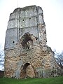 Photographie du mur d'un château fort. Seule une petite partie de mur est visible, le reste a disparu. Il y a des ouvertures pour une porte et une fenêtre. La moitié inférieure du mur a perdu son parement.