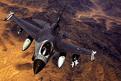 A Royal Dutch Air Force F-16 fighter aircraft conducting a mission over Afghanistan, 2008.