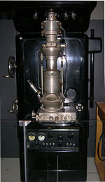 Replica of the first electron microscope from 1933 by Ernst Ruska Ernst Ruska Electron Microscope - Deutsches Museum - Munich-edit.jpg