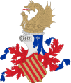 Escudo del Rey Pedro el Ceremonioso, adornado con lambrequines y una celada abierta, propia de la dignidad real, representativa del histórico Reino de Valencia.