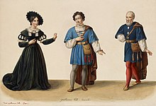 kresba tří osob, vlevo ženy v černém, uprostřed muže v modrém s pláštěm na zádech a vpravo s dalším muži v modrém s pláštěm na zádech