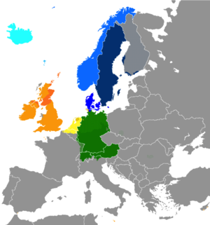 The present-day distribution of the Germanic languages in Europe:
North Germanic languages
.mw-parser-output .legend{page-break-inside:avoid;break-inside:avoid-column}.mw-parser-output .legend-color{display:inline-block;min-width:1.25em;height:1.25em;line-height:1.25;margin:1px 0;text-align:center;border:1px solid black;background-color:transparent;color:black}.mw-parser-output .legend-text{}
Icelandic
Faroese
Norwegian
Swedish
Danish
West Germanic Languages
English
Scots
Frisian
Dutch
Low German
High German
Dots indicate areas where multilingualism is common. Germanic languages in Europe.png