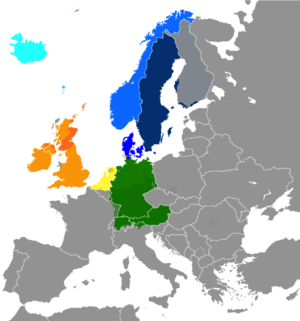 Limbile germanice de vest în Europa
     Scots
     Engleză
     Frizonă
     Olandeză
     Germana de jos
     Germană