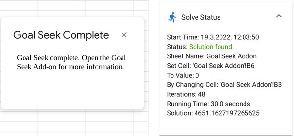 Google Sheets-Kochbuch-Goal Seek Beispiel Ergebnis