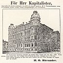 Håvanders annons om försäljning av Östermalmsgatan 48 (nuv. 45) i Dagens nyheter den 15 juli 1889.