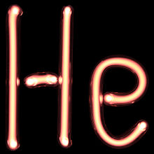 Illuminated light red gas discharge tubes shaped as letters H and e.