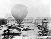 Henri Giffard's tethered passenger balloon prior to an ascent from Tuilerie Garden in 1878. Henri Giffard's grand balloon before ascent, Tuileries, Paris, 1878.jpg