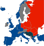 Countries in the 'Iron Curtain' are marked in red. Yugoslavia and Albania were communist, but isolated themselves from Russia, making them not part of the Iron Curtain.